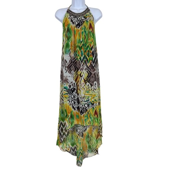 ALLEN B Allen Schwartz Chiffon Halter Dress Sz 4 Beaded Yoke Tribal Print Hi-Low - Picture 1 of 10